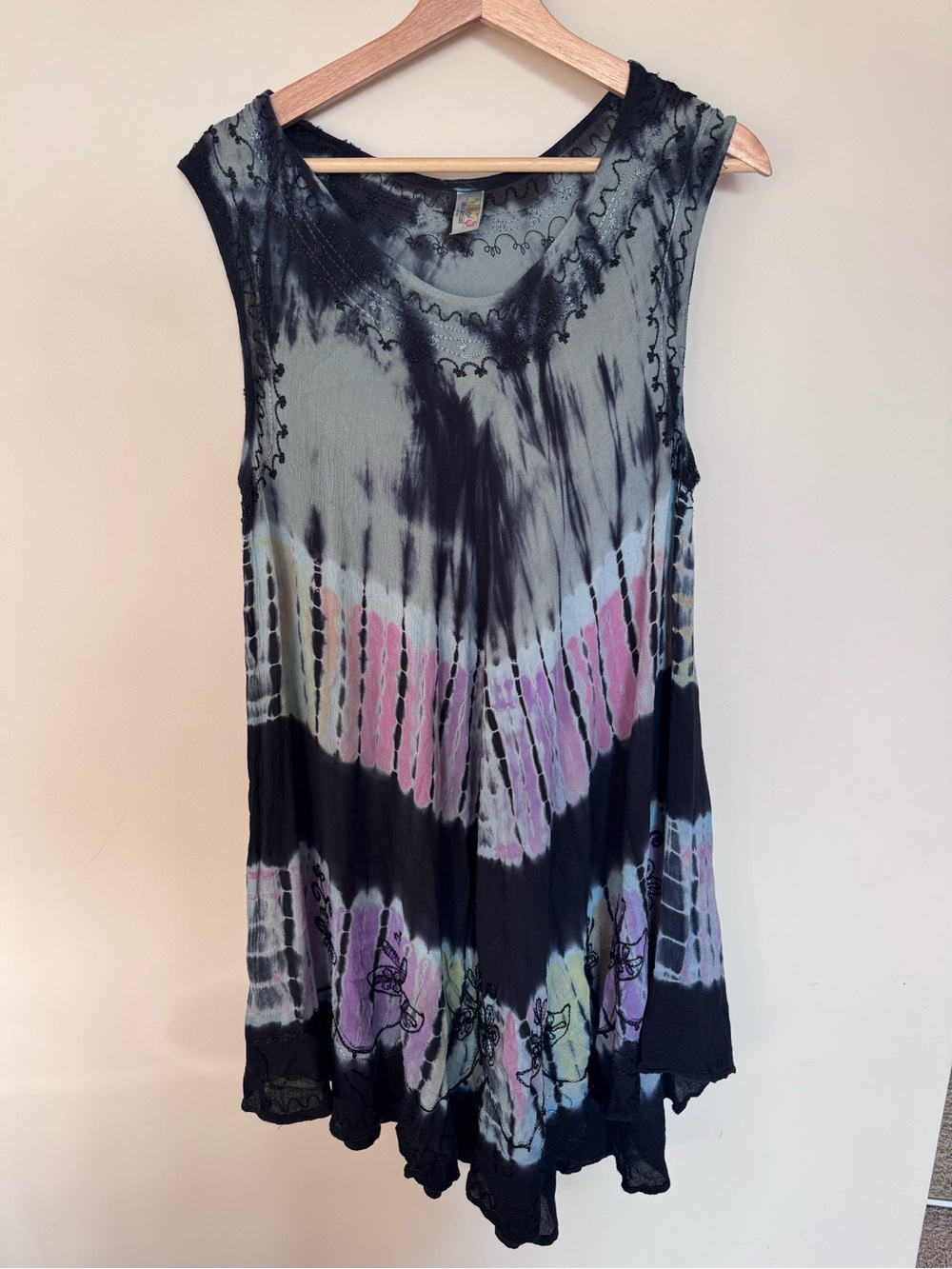 Women’s Tie-Dye Sleeveless Summer Dress Cover Up - Black with Pastel Accent